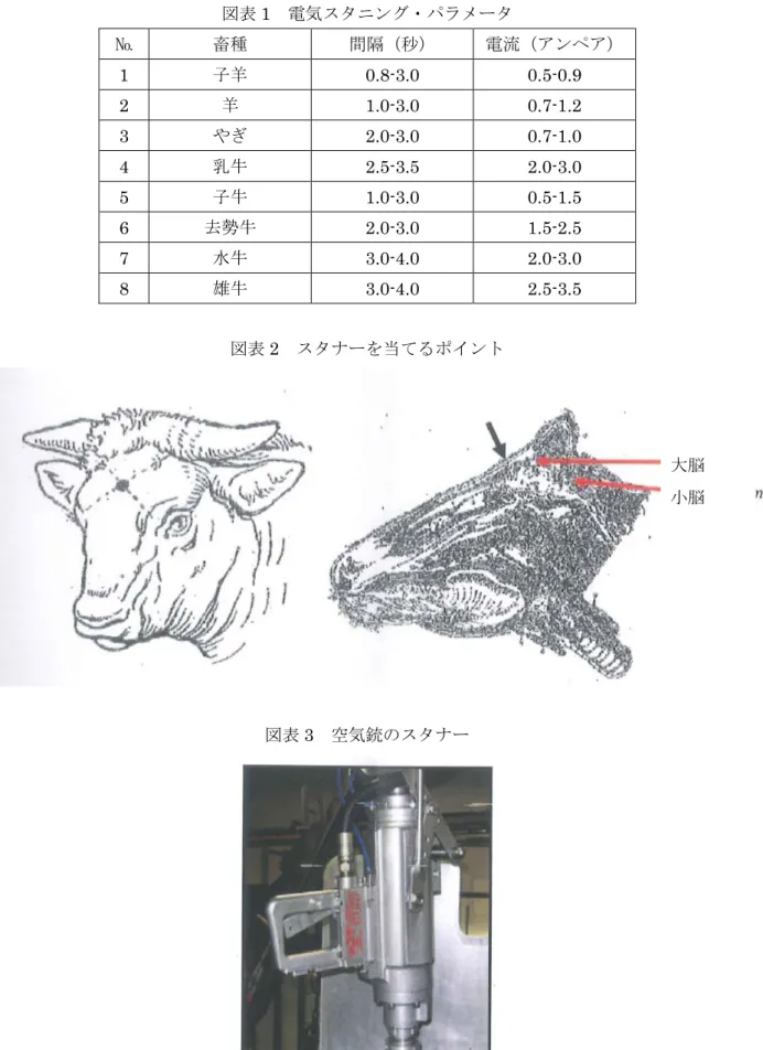 図表 1 電気スタニング・パラメータ № 畜種 間隔（秒） 電流（アンペア） 1  子羊 0.8-3.0  0.5-0.9  2  羊 1.0-3.0  0.7-1.2  3  やぎ 2.0-3.0  0.7-1.0  4  乳牛 2.5-3.5  2.0-3.0  5  子牛 1.0-3.0  0.5-1.5  6  去勢牛 2.0-3.0  1.5-2.5  7  水牛 3.0-4.0  2.0-3.0  8  雄牛 3.0-4.0  2.5-3.5  図表 2 スタナーを当てるポイント 図表 3 空気