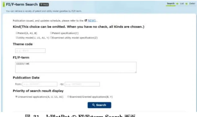 図  31  J-PlatPat の FI/F-term Search 画面 