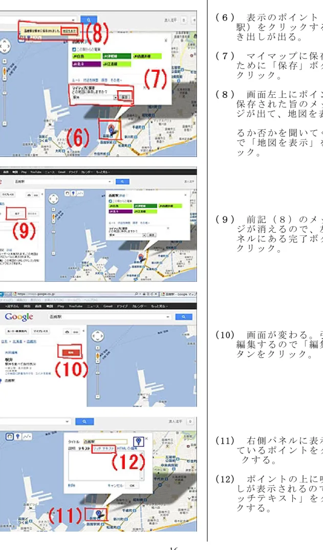 表 示 の ポ イ ン ト （ 函 館（ ６ ） 駅 ） を ク リ ッ ク す る と 吹 き 出 し が 出 る 。 マ イ マ ッ プ に 保 存 す る（ ７ ） た め に 「 保 存 」 ボ タ ン を ク リ ッ ク 。 画 面 左 上 に ポ イ ン ト が（ ８ ） 保 存 さ れ た 旨 の メ ッ セ ー ジ が 出 て 、 地 図 を 表 示 す る か 否 か を 聞 い て く る の で 「 地 図 を 表 示 」 を ク リ ッ ク 。 前 記 （ ８ ） の メ ッ セ ー