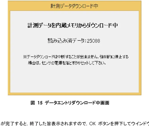 図  15  データエントリダウンロード中画面  読み込みが完了すると，終了した旨表示されますので，OK ボタンを押下してウインドウを閉じて 下さい（図  16）．  図  16  データエントリダウンロード終了画面  3.11.3  内蔵メモリのクリア  内蔵メモリのクリアを行う場合は，データエントリ管理画面でセンサを選択した後に，「内蔵メモリク リア」ボタンを押下して下さい．確認ダイアログで「はい」を押下すると，内蔵メモリの全エントリを消