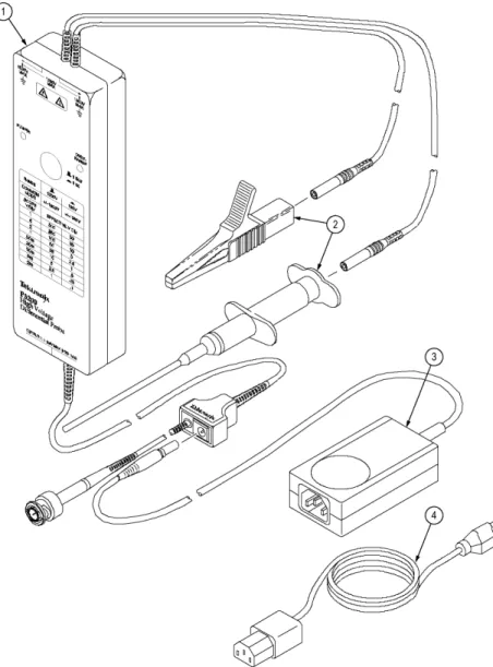 図 8: P5200 型高電圧差動プローブと交換可能アクセサリ