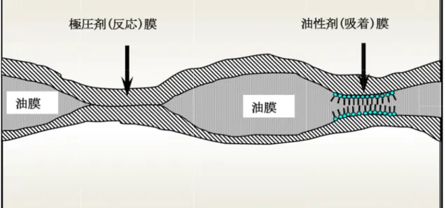 図 3.3 3.3   境界潤滑状態の接触状態模式図 境界潤滑状態の接触状態模式図 境界潤滑状態の接触状態模式図  境界潤滑状態の接触状態模式図