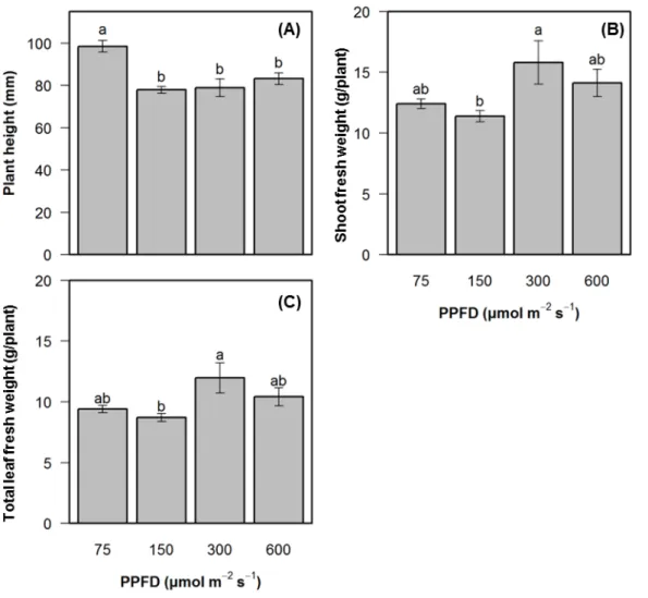 Fig. 2-8    Plant height (A), fresh weights of shoot (B) and total leaf (C) at 63 days after germination