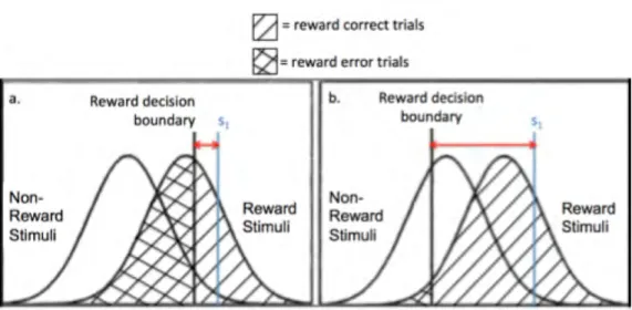 Figure 20. This shows a simple example of (a) a person who is biased to  judge stimuli as “non-reward”, and (b) a person who is biased to judge stimuli  as “reward”, as determined by the different positions of their “reward decision  boundaries”