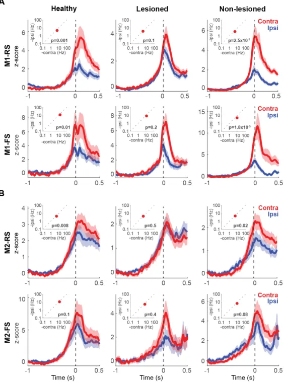 Figure  6.  Forelimb  selectivity  of  neuronal  activity.  Go-type  neurons  activity  during  contralateral and ipsilateral movements in RS and FS neurons in M1 (A) and M2 (B)