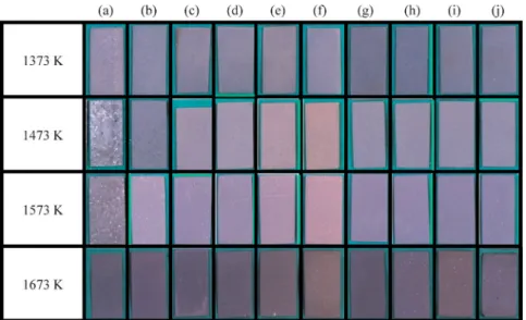 Fig. 2. Surface appearance of Fe–20Cr–4Al (Standard, FZ, Pd, Pt) alloys exposed to oxygen for 18 ks at 1373, 1473, 1573 and 1673 K; (a) Standard, (b) FZ, (c) 0.05Pd, (d) 0.1Pd, (e) 0.3Pd, (f) 0.5Pd, (g) 0.05Pt, (h) 0.1Pt, (i) 0.3Pt, (j) 0.5Pt.