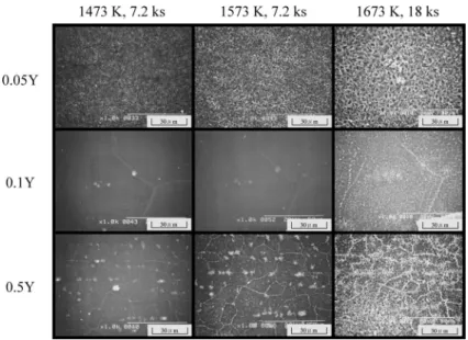 Fig. 14 に Standard 合金のその場観察による (a) 1573 K, 7.2 ks および (b) 1673 K, 18 ks 間酸化後の表面形態を示す。 (a)ではスケールの剥離が観察される。この合金について さらに 1673 K, 18 ks 間の酸化実験を行い，(a)と同一部分 について(b) に示した。(b) では (a)で観察されたスケール／ 素地界面は認められなかった。 4.4 考察 上述したように酸素中 1473 K, 18 ks 間酸化では  Stan-dard, FZ, 0