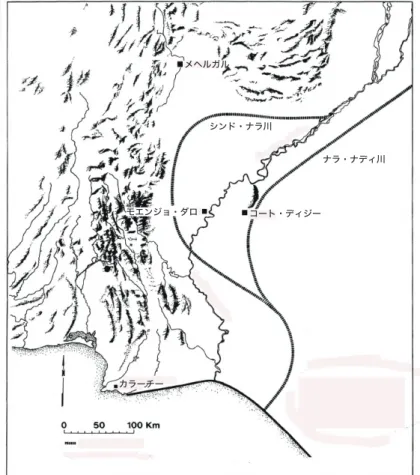 図 3　前期完新世インダス川推定復元流路［Flam1999］（一部改変）メヘルガルコート・ディジーナラ・ナディ川シンド・ナラ川カラーチーモエンジョ・ダロ