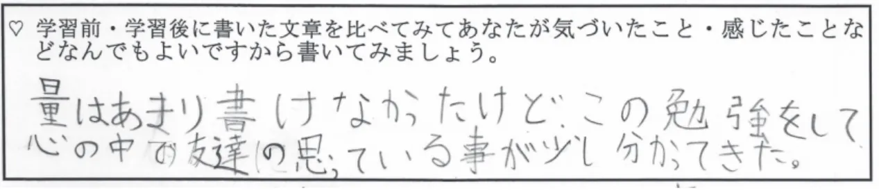 図 10　児童４の学習前・後を比較した記述内容 　表５の学習前・後の文章を比較して，約束を守るときに友達の心についても考えられるようになっ た新たな自分に気づくことができている。図 10 の「・ ・書けなかったけど，この勉強をして・ ・ ・分かっ てきた。 」という記述からも，学習を通して自己の成長を実感していることが感じとれる内容である。 　(2) 研究の目的１「自己の成長の実感」に関わる成果と課題 　 OPP シートを活用することにより，児童自身が学習での気づきや自己理解・自己評価を深めるこ とが確かめ