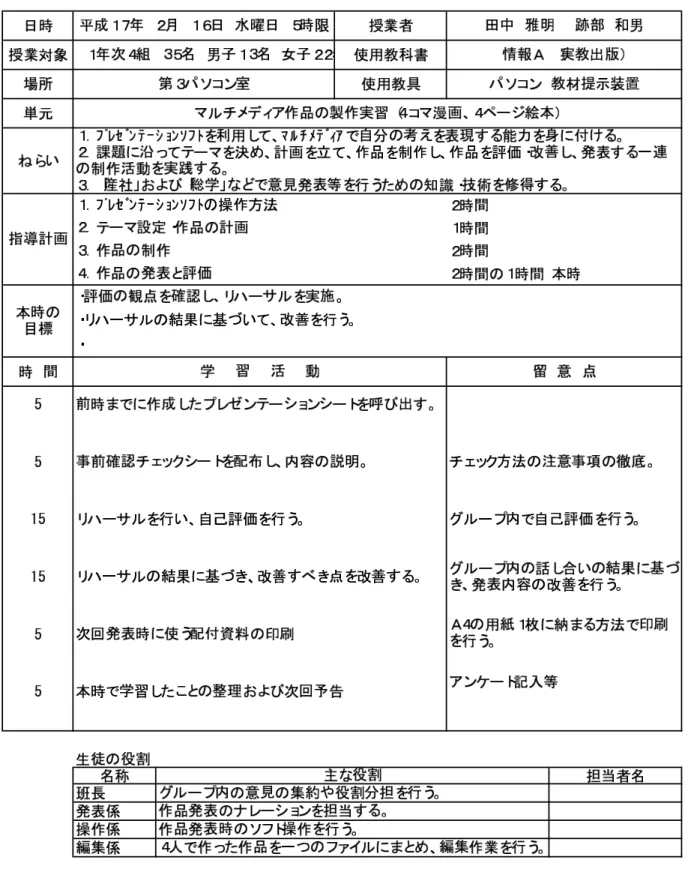 図 4: 2004 年度研究授業学習指導案