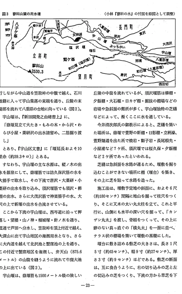 図 3 蓉科山麓の用水堰 ( 小林 ｢ 蓉科の水｣の付図を原図として調整) 行 しなが ら中山道を笠取峠の中腹で越え､石川 地籍に入 って宇山集落の東端を通 り､丘陵の末 端部を流れて八重原の台地に向っている ( 図 2) 0 宇山堰 は､『 新田開発之由緒書上｣に､ ｢ 獄堰見立て大たき ･もみの木 ･か ら沢 ･わ らび小屋 ･薬研沢の出水請留め､二筋掘 り渡 し｣ とあり､『 宇山区文書』に ｢ 堰延長およそ 1 0 里余 ( 約 3 9 