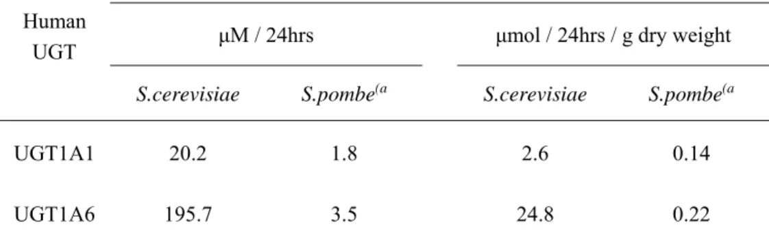 Table 1.    UGT-UGDH 発現出芽酵母及び分裂酵母における抱合体生成能の比較 