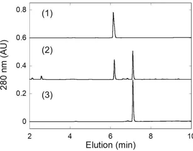 Fig. 6  ラット UGDH 及びラット UGT2B1 同時発現出芽酵母株による        ジクロフェナクグルクロン酸抱合体の合成及び精製.    (1)ラット UGDH 及びラット UGT2B1 同時発現出芽酵母株により生成されたクロフェナク 抱合体の精製標品の HPLC 溶出パターンを示す．(2)  酵母菌体より抽出した画分における クロフェナク抱合体の HPLC 溶出パターンを示す．(3)  野生株の酵母菌体より抽出した画 分におけるクロフェナク代謝物の HPLC 溶出パターンを示す．図中のジ