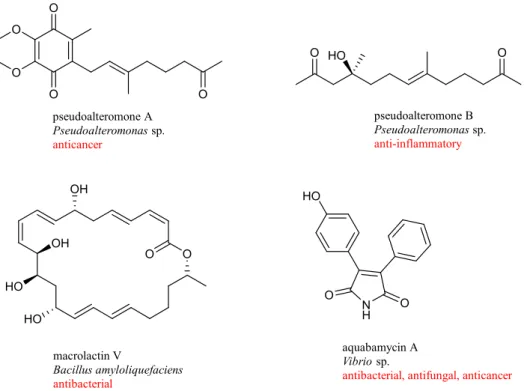 Figure 1-9. Chemical structures of bioactive natural compounds from bacteria associated  with soft corals