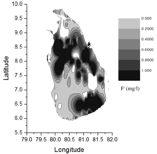 Fig. 1.8: Spatial distribution of fluoride concentrations in Sri Lankan well water 