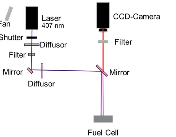 Fig. 2-4 Schematic drawing of the visualization system with a diode laser, diffusors,  mirrors, a fuel cell, filters, and a CCD-camera