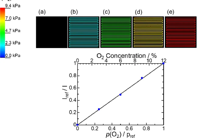 Fig. 2-5 Images at different p(O 2 ) for calibration and averaged Stern-Volmer plots for  the visualization at Φ(O 2 ) = 10 %