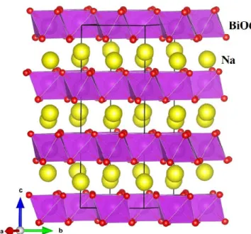 Figure 2.1 Crystal structure of dehydrate phase of NaBiO 3  as ilmenite­type structure