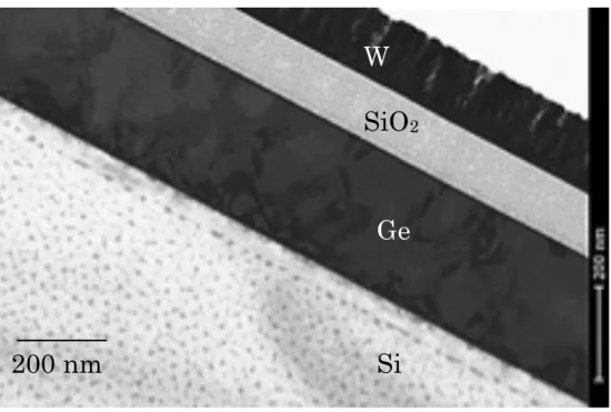 図 3.3.6  700 ℃で加熱を行なったサンプルの断面 TEM 画像   図 3.3.7 は、加熱処理をしていないサンプルで作製した MOSFET の Id-Vd 特 性である。図 3.3.8 は 750  ℃で加熱処理を行なったサンプルの Id-Vd 特性であ る。デバイスサイズはチャネル幅 100 µm,  チャネル長 150 µm である。ゲート 電圧は、10 V から-30 V まで 4 V 刻みで変化させている。    加熱を行なったサンプルは、加熱をしていないサンプルに比べて、電流値が 約 