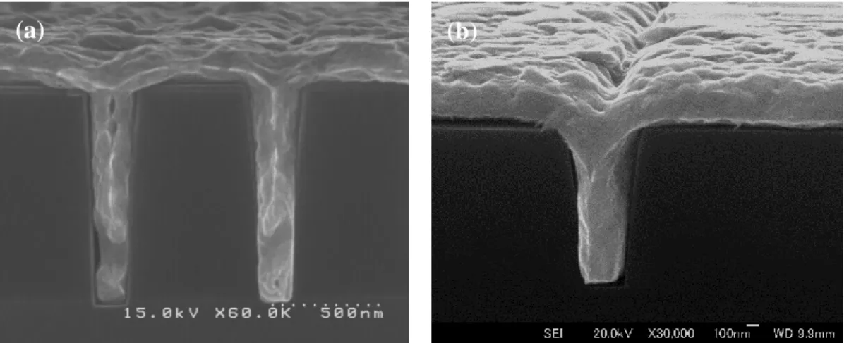 Fig. 2.7 SEM images of 250-nm-wide trenches filled with (a) Cu-Ni at a precursor composition of  1:1 and (b) only Cu at a deposition temperature of 200ºC