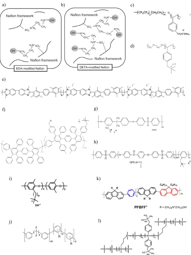 Figure 1.6    Molecular structures of AEM backbones. (a)(b) PFA-base, (c) ETFE-base, (d) Polystylene- Polystylene-base, (e) PBI-Polystylene-base, (f) polyphenylene-Polystylene-base, (g) PSF-Polystylene-base, (h) poly(arylene)ether-Polystylene-base, (i) PPO