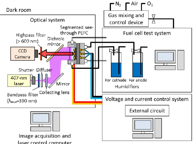 Fig.  2-7  Schematic  diagram  of  the  visualization  system  for  p(O 2 )  and  current  density  using a 9-segmented see-through PEFC