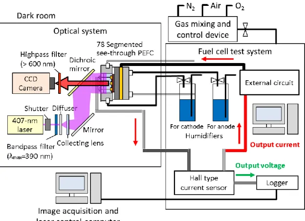Fig.  2-11  Schematic  diagram  of  the  visualization  system  for  p(O 2 )  and  current  density    using a 78 segmented see-through PEFC