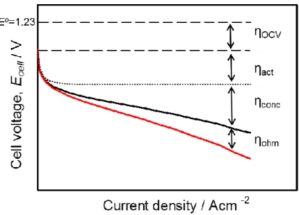 Figure 1-5. Typical polarization curve of PEFC with cell voltage loss factors. 