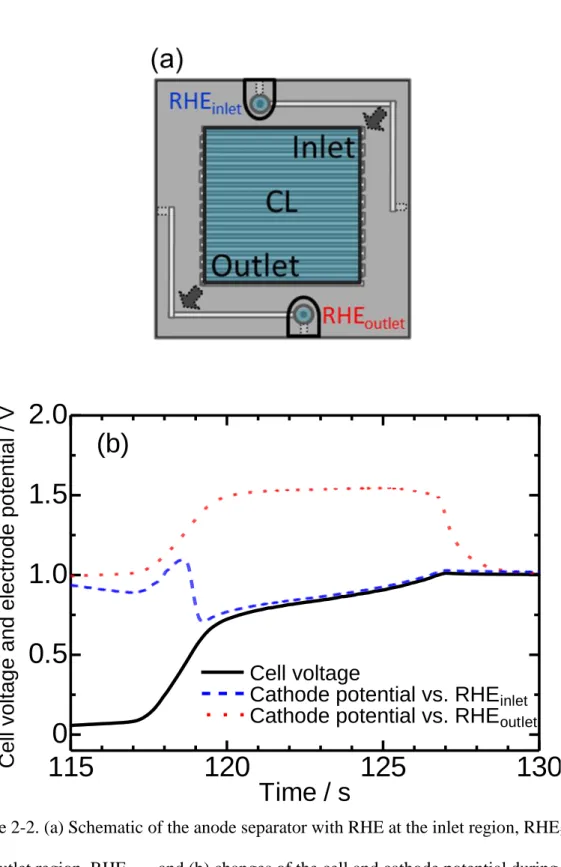Figure 2-2. (a) Schematic of the anode separator with RHE at the inlet region, RHE inlet and outlet region, RHE outlet  and (b) changes of the cell and cathode potential during the  air-SU cycling