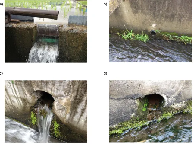 Figure 3.3. Sampling site of drainage and percolation; a) E1drainage, b) E1percolation,      c) W2 drainage, d) W2 percolation 