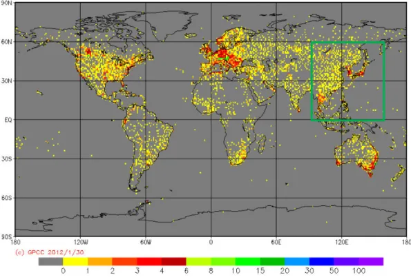 Figure  4.1 Ground rain gauge distributions, the targeted basins are located inside the green  square (http:gpcc.dwd.de)