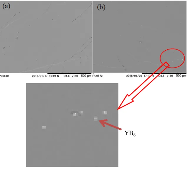 Fig.  4.  SEM  images  for  cross-sections  of  YB 41 Si 1.3   single  crystal  along:  (a)  parallel to growth direction and (b) perpendicular to growth direction   