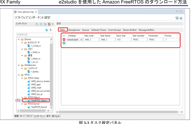 図 3-3  タスク設定パネル •  セマフォ :   +/-ボタンをクリックすると、新しいセマフォが作成/削除されます。 オプション設定が右パネルに表示 され、セマフォタイプとセマフォハンドラが編集できます。   図 3-4  セマフォ設定パネル   (5) (5) 
