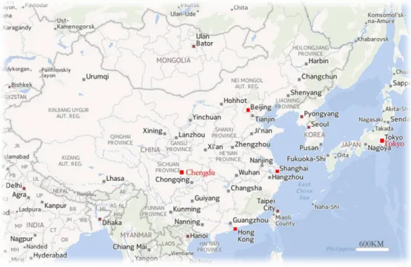 Figure 3. 1    Relative location of Tokyo and Chengdu 