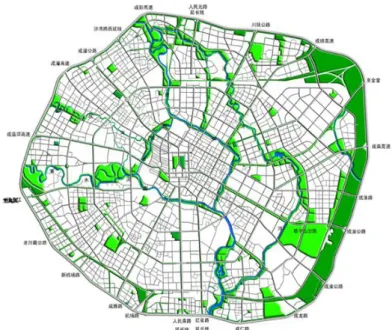 Figure  3.5  is  indicative  of  distribution  of  green  area  in  Chengdu.  As  can  be  seen  from  the  figure, the greenery is mainly concentrated in the eastern