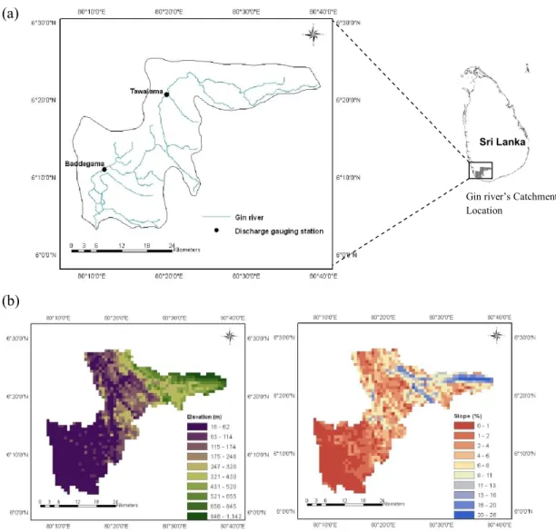 Figure 3.1.  (a) Location - Gin River and its catchment, (b) Elevation and slope -  Gin catchment 