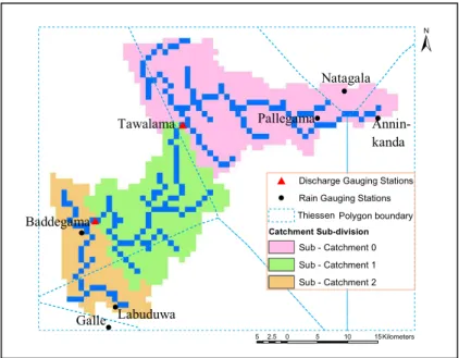 Figure 3.3. Locations of discharge and rain gauging stations, catchment sub divisions,                 stream network and Thiessen polygons generated by YHyM/BTOPMC  Streamflow data 