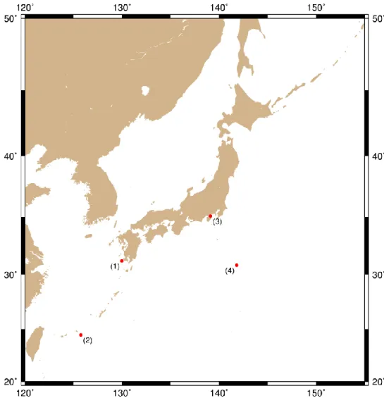 Figure 1. Location of sampling sites. (1) off Cape Noma; (2) Nansei-Shoto Trench; (3) Sagami Bay; (4)  Torishima Seamount