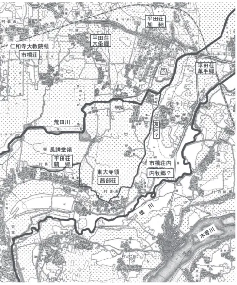 図 １  茜部荘周辺図（明治24年測図陸地測量部地図に加筆）