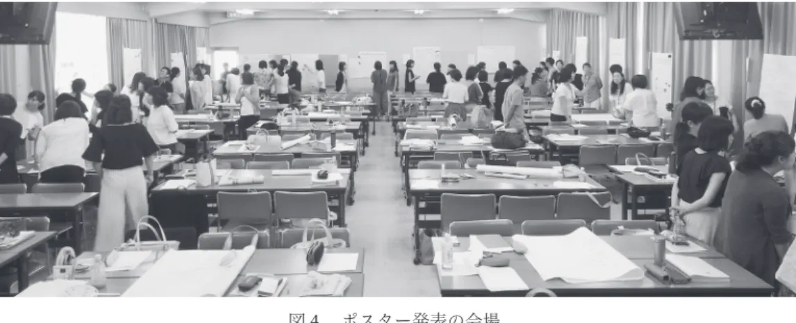 図 㧠  ポスター発表の会場 表㧟 㧟つの課題に対する工夫の例 研修体制の確保 ①研修に必要な時間の確保 ・テーマに付箋等で随時意見を書きこむ ・書き込みは一定期間できるようにする ・15分〜30分の話し合いでまとめられるよ ②日程（回数）の確保 うにする ③臨時職員の参加 ・短い時間で回数を増やし、参加できる職員 で行う。これを繰り返して全員が何らかの 研修に参加できるようにする ・結果が見られるようにする④正規職員の全員参加 話し合いの雰囲気の醸成 ⑧活発な意見交換が出にくい ・年代別に話し合う・少人数