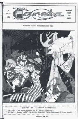 Illustration 2. Careta, numéro 1465, 18 juillet 1936 : « Dans la mystérieuse Amazonie ; Le Japonais  – Y-a-t-il beaucoup de moustiques par ici ? Des cobras ? Des Xavantes ? Le Macaque – Il y a 