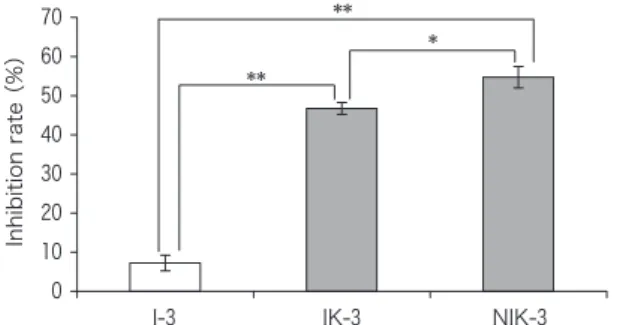 Fig. 5  Inhibitory effects of I-3, IK-3 and NIK-3 on sucrase activity This  figure  shows  representative  data  from  three  times  experiments