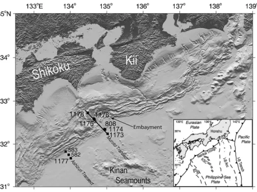 図 1  南 海 ト ラ フ 近 傍 の Ocean Drilling Program に よ る 掘 削 点 の 位 置 図（Moore et al., 2005 を 引 用）．図 中 番 号 は ODP 掘 削 孔 番 号．Embayment は 海 山 の 沈 み 込 み に 伴 う 付 加 体 の 後 退 部 分 を 示 す．間 隙 水 圧 を 測 定 す る 海 底 観 測 装 置 が 付 加 体 先 端 部 808 孔 お よ び 南 海 ト ラ フ よ り 海 側 の 1173 孔 に 設 置