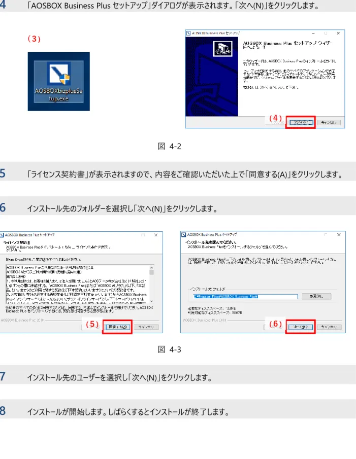 図  4-2  5  「ライセンス契約書」が表示されますので、内容をご確認いただいた上で「同意する(A)」をクリックします。  6  インストール先のフォルダーを選択し「次へ(N)」をクリックします。  図  4-3  7  インストール先のユーザーを選択し「次へ(N)」をクリックします。  8  インストールが開始します。しばらくするとインストールが終了します。 (３)   (４) (５)(６) 