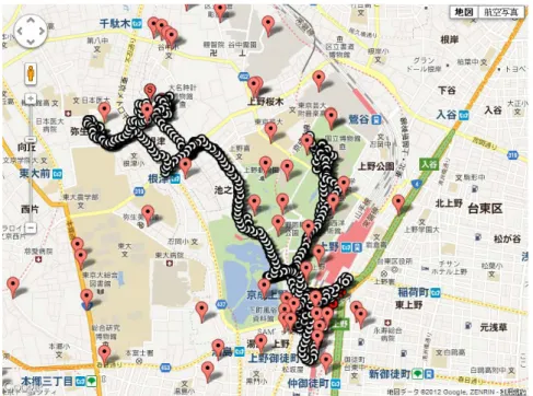 図 3-3-4-1 Google Maps 上での観光スポットと GPS データの表示例