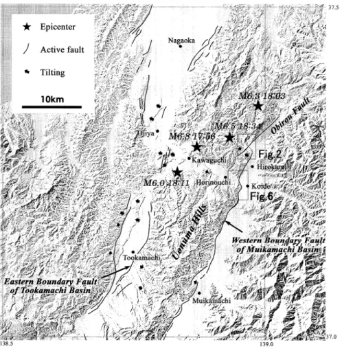 Fig.  1  Active  faults  in  the  Mid  Niigata  region  and  epicenters  of  the  earthquakes  (M •„6.0)  occurred  on  23th  October  in  2004.