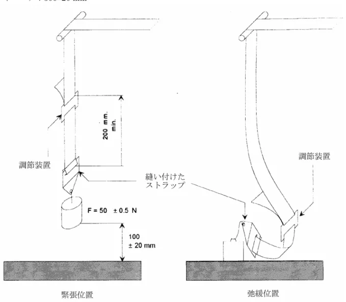 図 3  マイクロスリップ試験  全ストローク：300±20 mm  試験装置上の 50N の荷重は、荷重の揺動やストラップの捩れが無いように垂直に誘導するものとする。  取付け装置は 50N の荷重に対して車両の中と同じ方法で固定するものとする。  _______________     