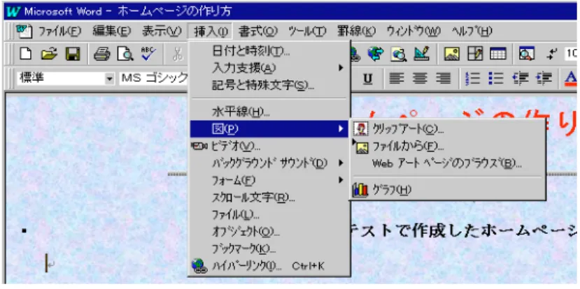 図 2-1-12 2-1-5.  リ ン ク ホー ム ペー ジ は 、 色 の 変わ っ て い る 文字 列 やア ン ダ ー バ ー の付 い てい る 文字 列 をマ ウ スで ク リ ック す るこ と によ り 、 他の ペ ージ や 他の ホ ームペ ー ジ に 飛 ぶこ と が出 来 ます 。 これ を 「リ ン ク す る」 と か「 リ ンク を は る」 と 呼び ま す。  こ れ まで 出 来上 が っ た、 文 章に も リン ク を張っ て み ま し ょう 。 1
