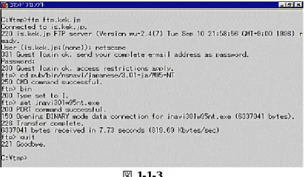 図 1-1-3 1-1-2. Netscape3.01J の イン ス ト ー ル 1  ソフ ト ウェ ア のダ ウ ン ロー ド が成 功 した ら 、次に イ ン ス ト ール を 行い ま す。 ま ず、 ソ フト ウ ェア が 正常 に ダウ ン ロ ード さ れて い るか 確 認しま す 。 コ マ ンド ラ イン か ら以 下 のコ マ ンド を 入力 し て実 行 して 、 jnavi301w95nt.exe が ある のを 確 認 し てく だ さい 。 C:¥tmp> dir ド