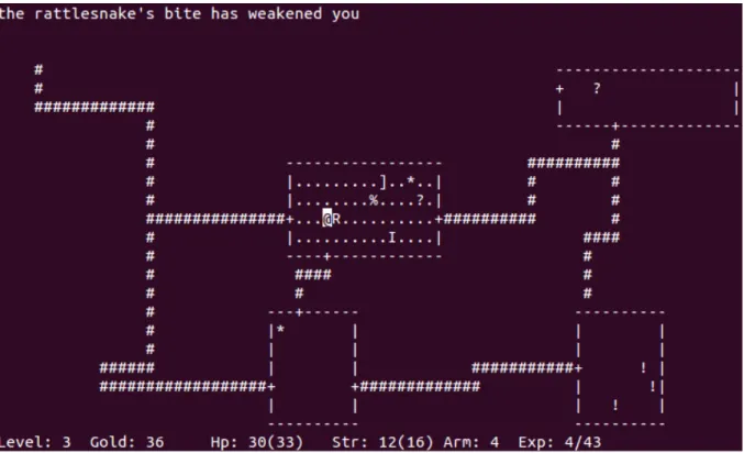 図 1: Rogue Clone III のプレイ画面 されていたりする．これらのオブジェクトは階段を上り下りして，別の階層を訪れるたび にランダムに構成され，基本的にそれぞれ決まった文字でマップに表示される．ただし， プレイキャラの訪れていない場所は表示されず，モンスターは現在いる部屋，もしくは通 路の周り 1 マスの範囲までしか表示されない．アイテムは拾うことができ， 24 個まで持 てる．モンスターは起きているものはマップを移動し，プレイキャラを攻撃する．モンス ターを倒すと経験値が手に入る．経験値が